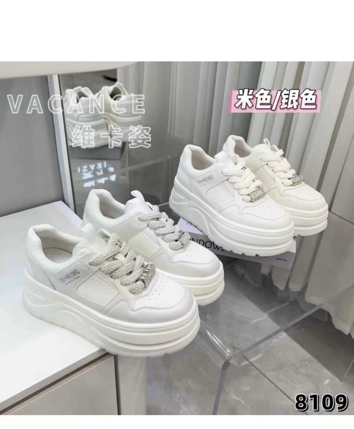 休闲系带8109新款韩版厚底中跟时尚休闲鞋银色百搭女鞋运动