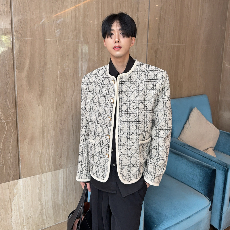 大富2025原创小香风轻奢圆领菱格外套男士夹克宽松编织粗花呢上衣