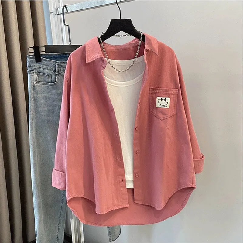 笑脸口袋设计感衬衫女长袖春秋新款韩版宽松百搭休闲叠穿衬衣外套