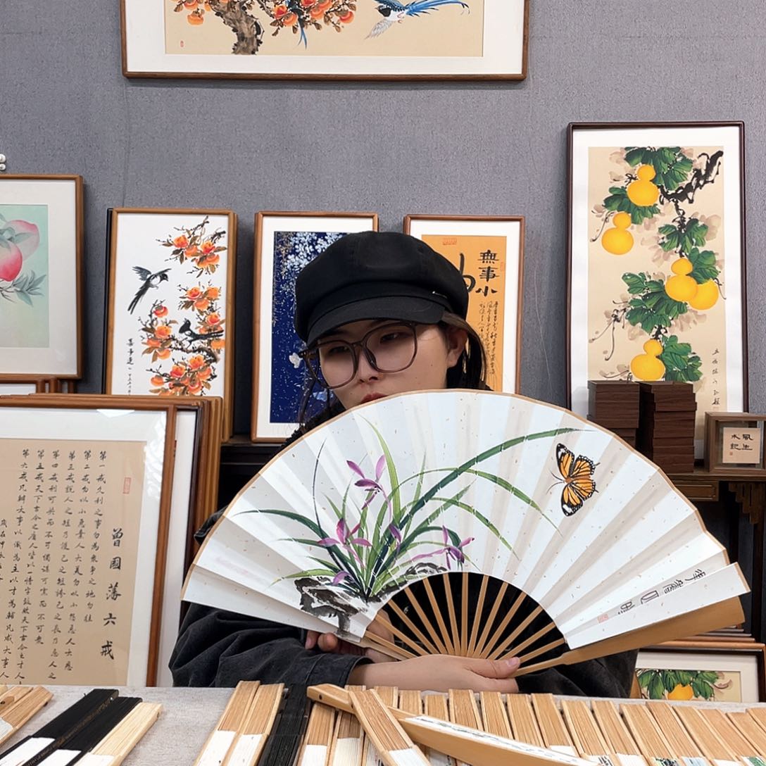 国画10寸玉竹-纯手绘-文玩扇骨（默认粘好）