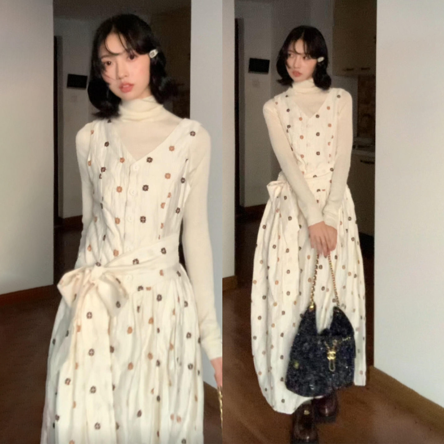 8978碎花长裙甜美冬季秋季法式甜美度假裙裙子秋冬连衣裙