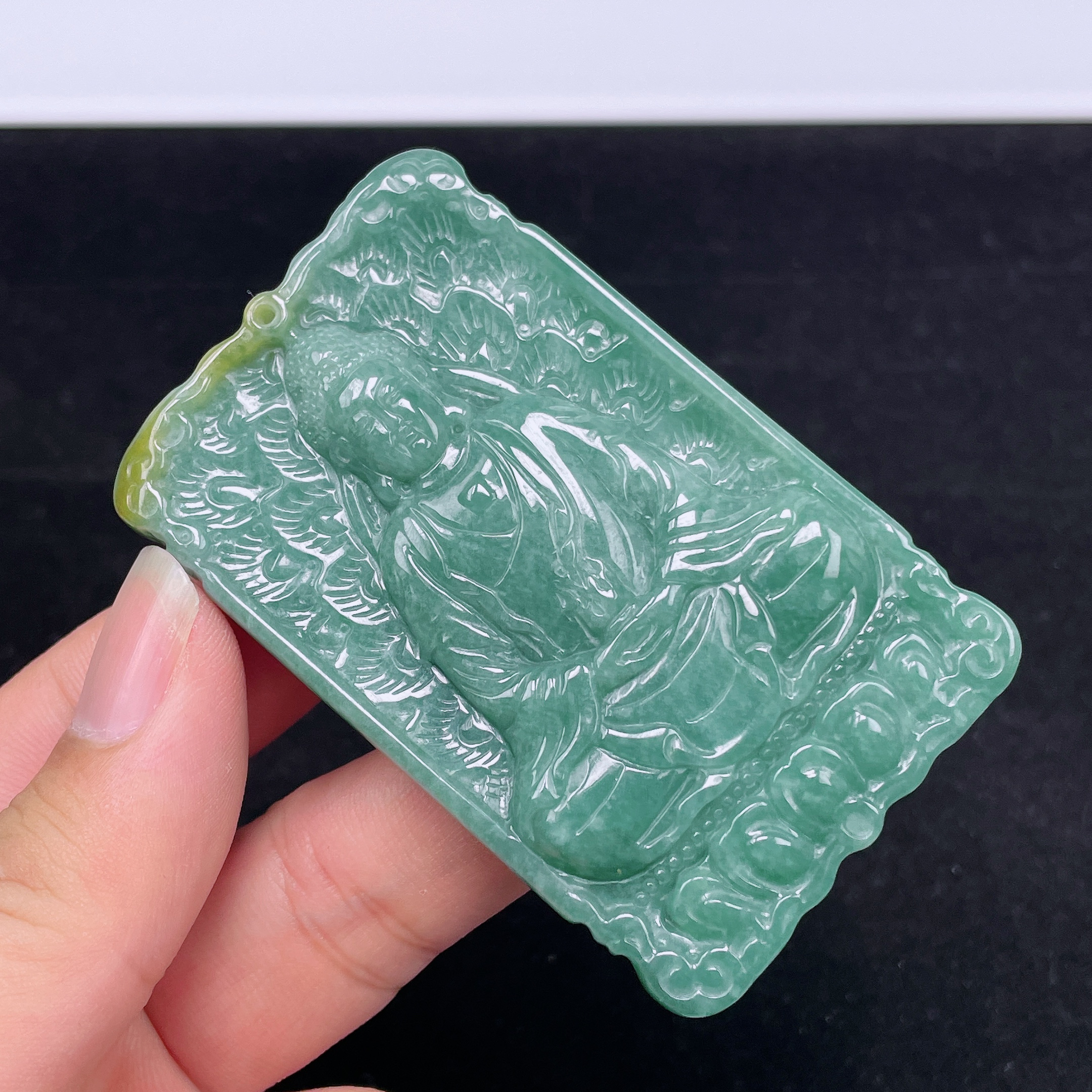 V013天然翡翠A货阿弥陀佛翡翠吊坠大玉牌子时尚大气双面精工蓝色