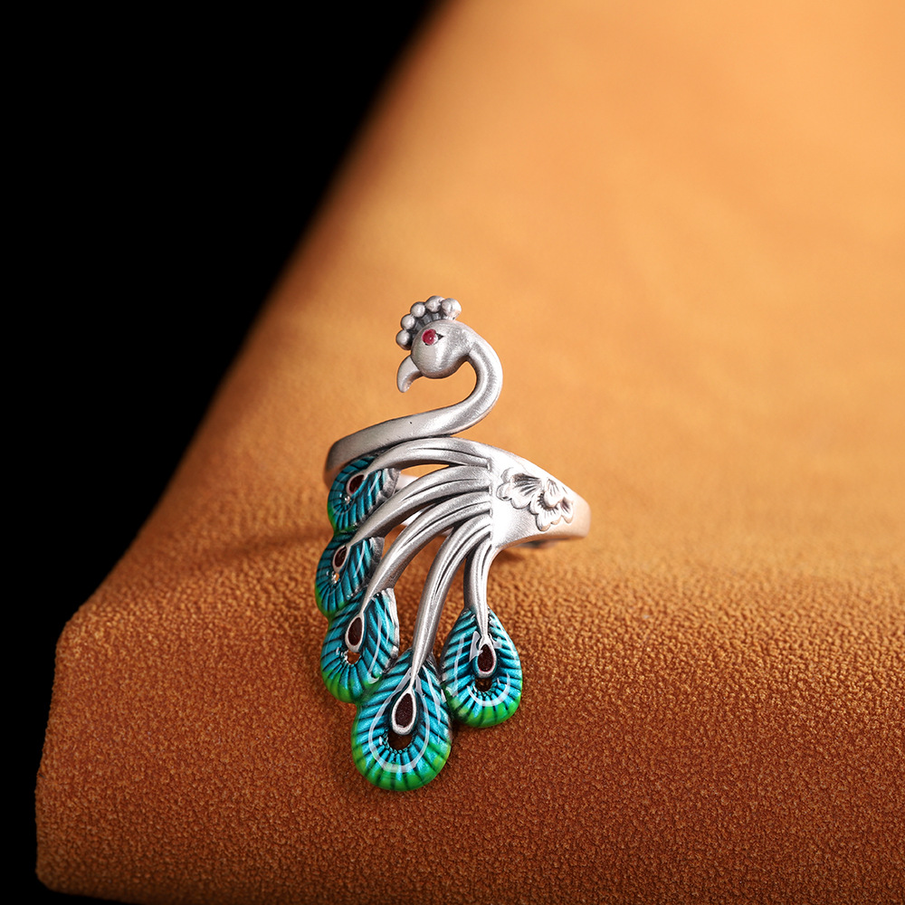 足银戒指 s990孔雀烧蓝个性指环时尚复古女士个性简约手饰