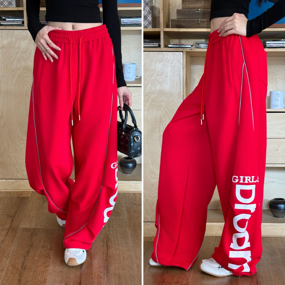 个性款纯棉印花高腰秋冬弯刀裤字母休闲裤卫裤春长裤反光条长裤