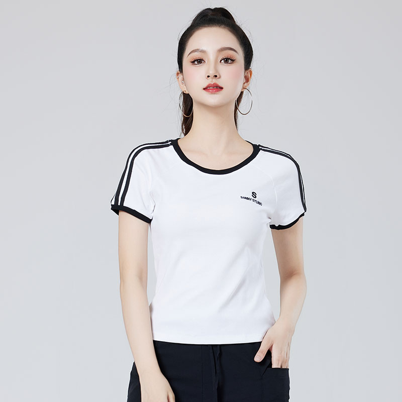 XVRV【夏上新】条纹美式短袖t恤女显瘦辣妹三条纹时尚百搭圆领上衣