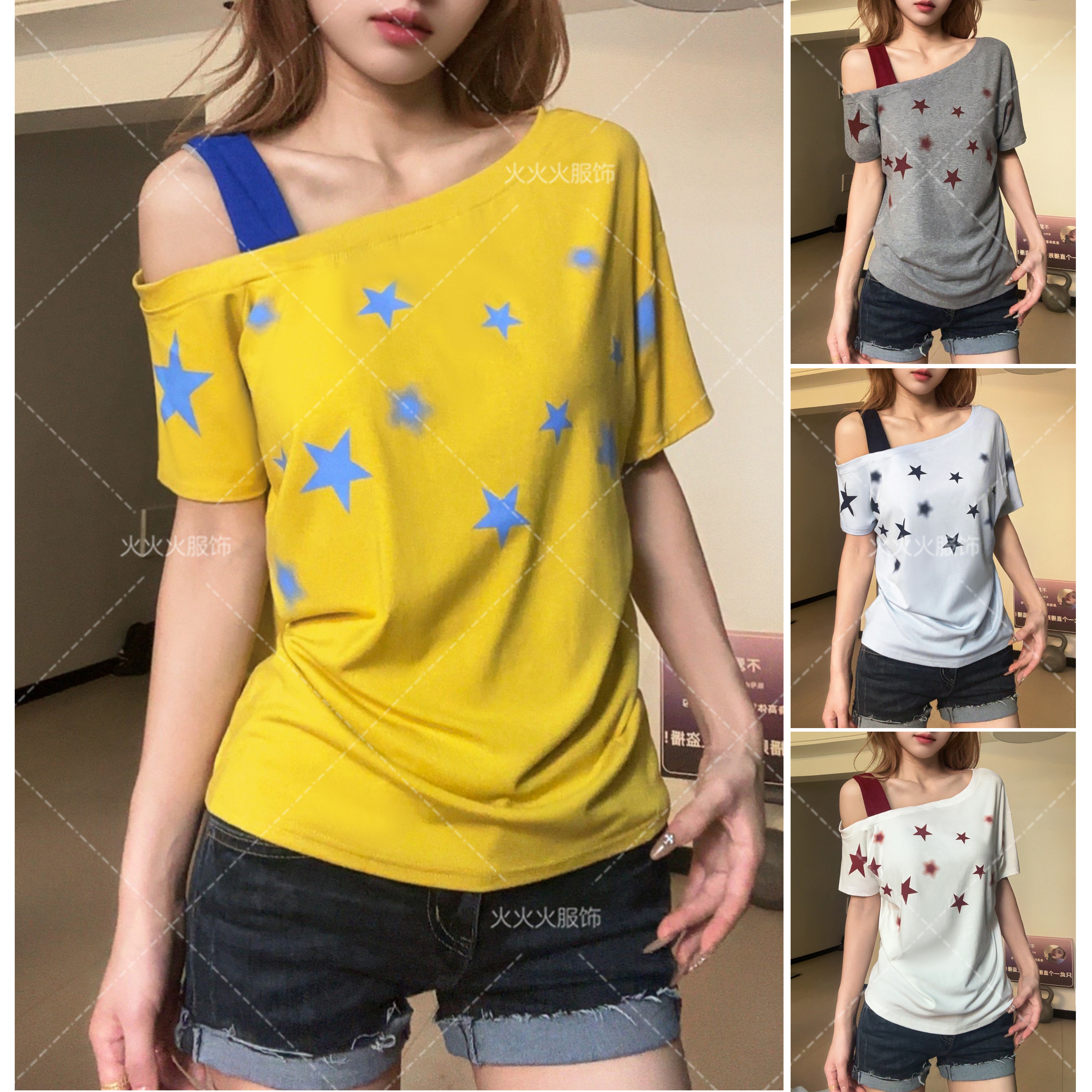 美式星星印花吊带假两件斜肩短袖上衣夏季多巴胺设计感T恤女6829