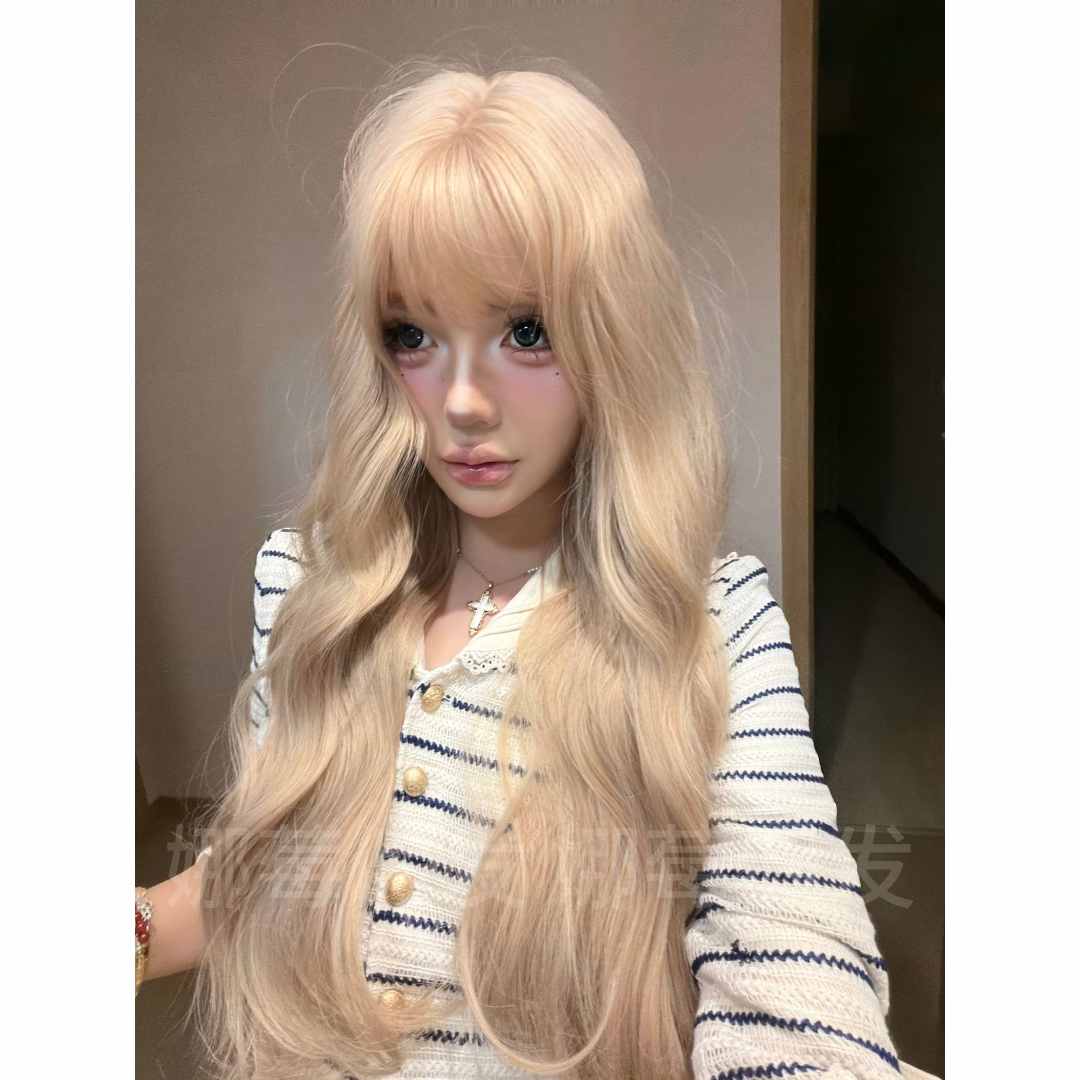 kuku定制【芭比齐刘海】米金色蛋蛋卷齐显白氛围感女生全头套假发
