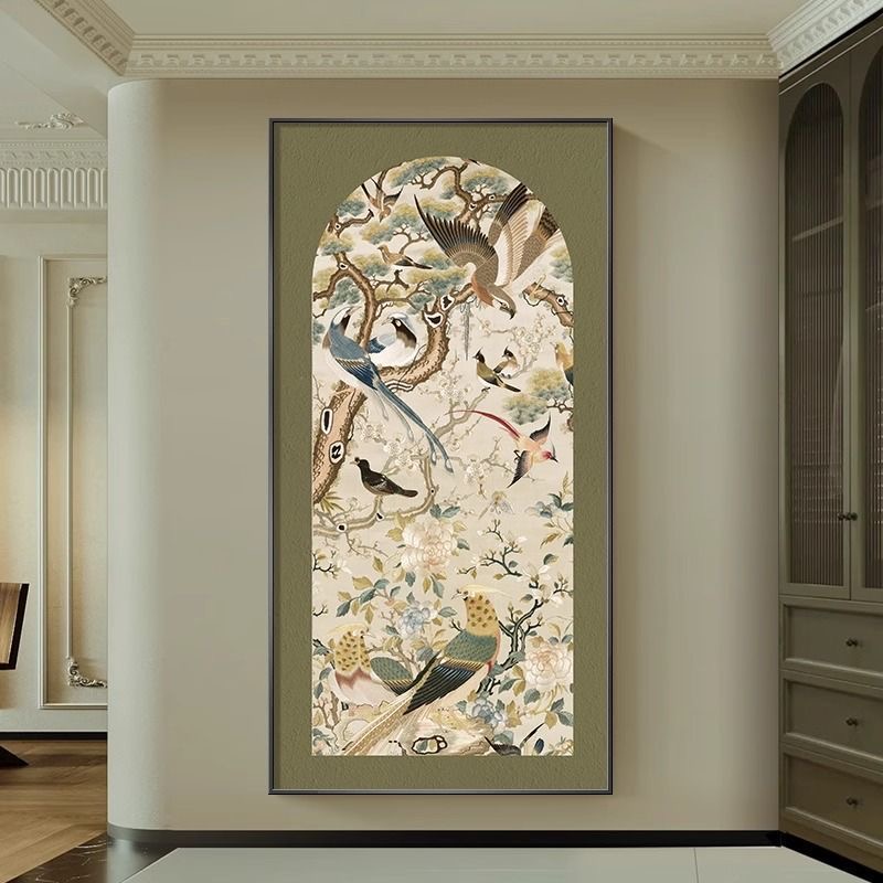 法式复古高级感玄关装饰画中古风绿色花鸟入户过道走廊背景墙挂画