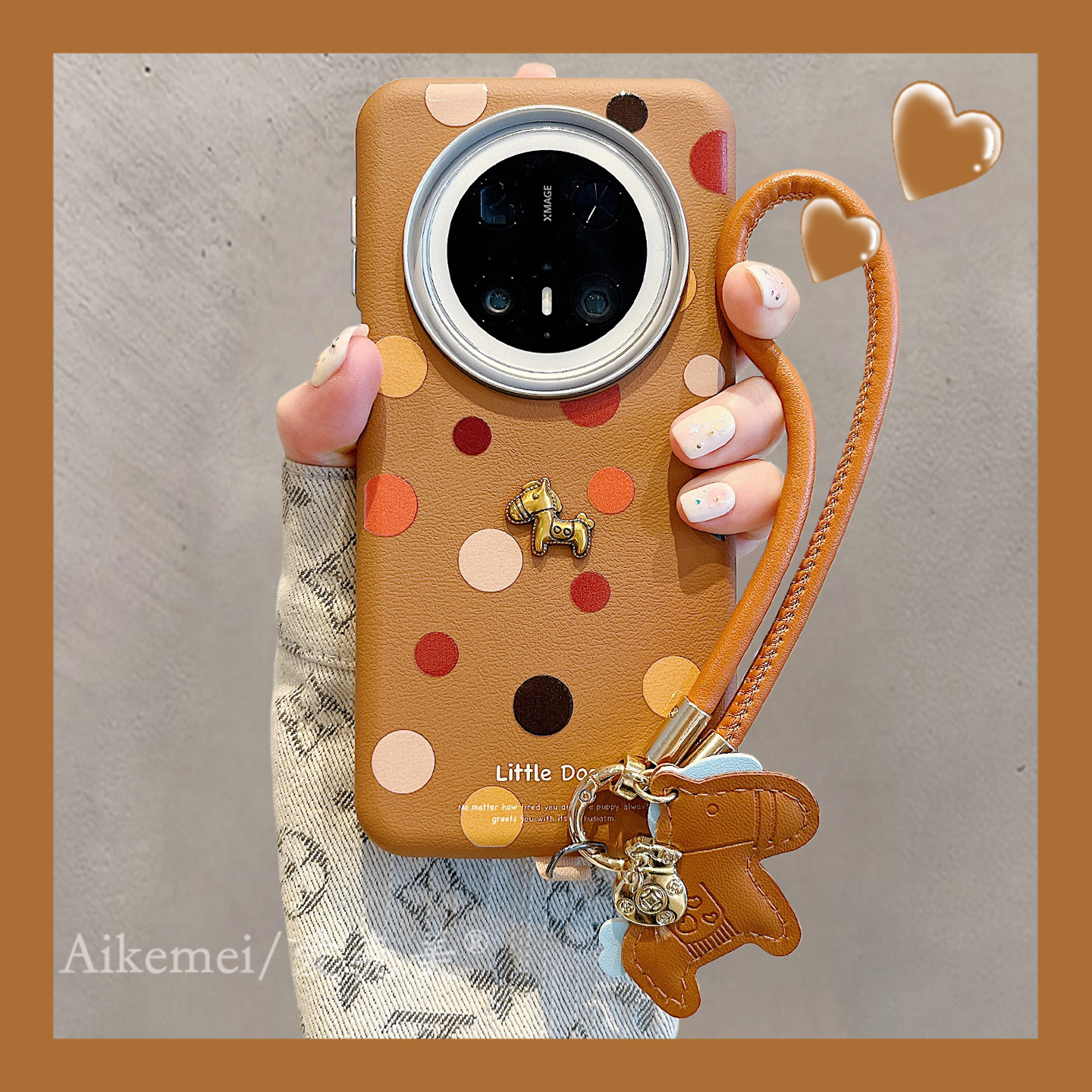 适用华为mate80promax手机壳棕皮质波点Mate70pro+立体小金马手绳