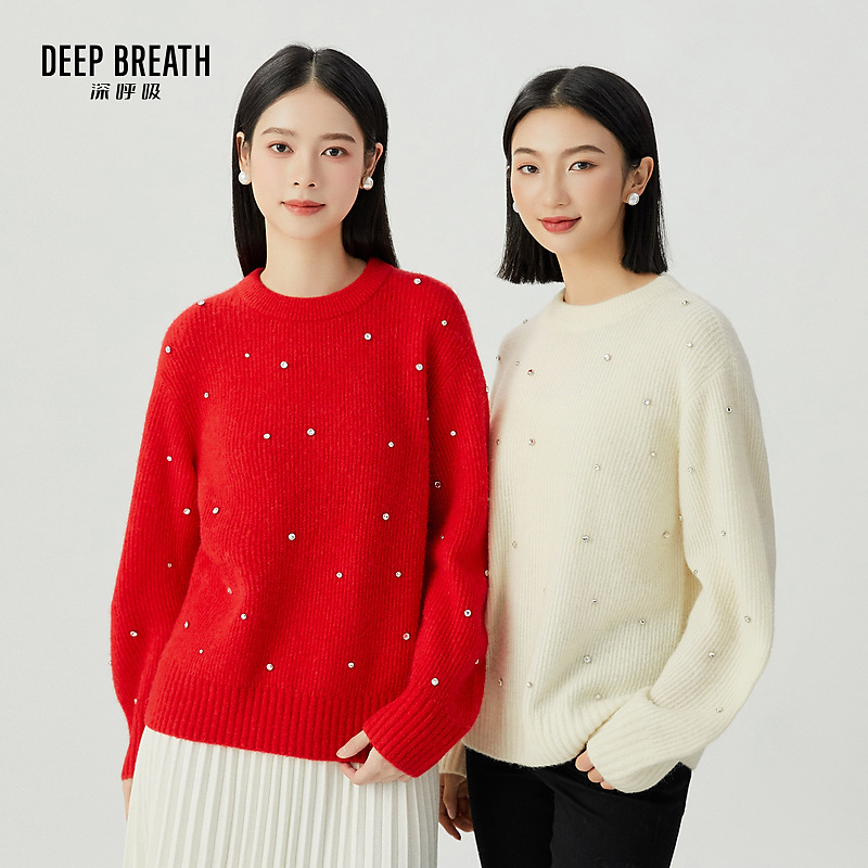 DEEP BREATH深呼吸女装新款时尚简约廓形缝钻针织毛衣女A301387