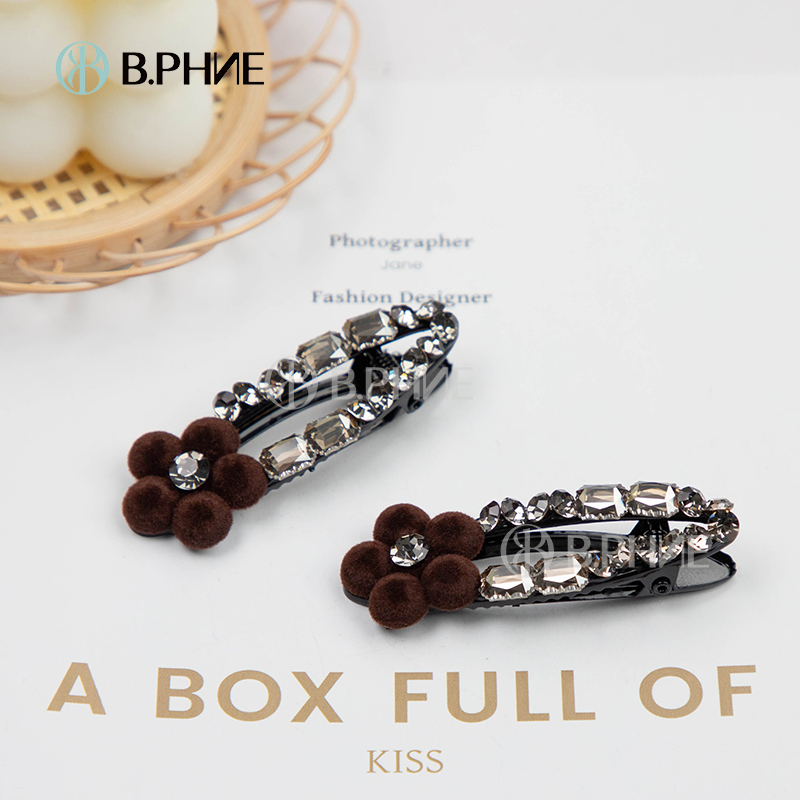 B.【贝菲】棕色花花满钻压夹钻发夹发卡