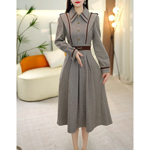 L5896时尚气质软精纺高档连衣裙2025秋冬爆款显瘦假两件a字裙百搭