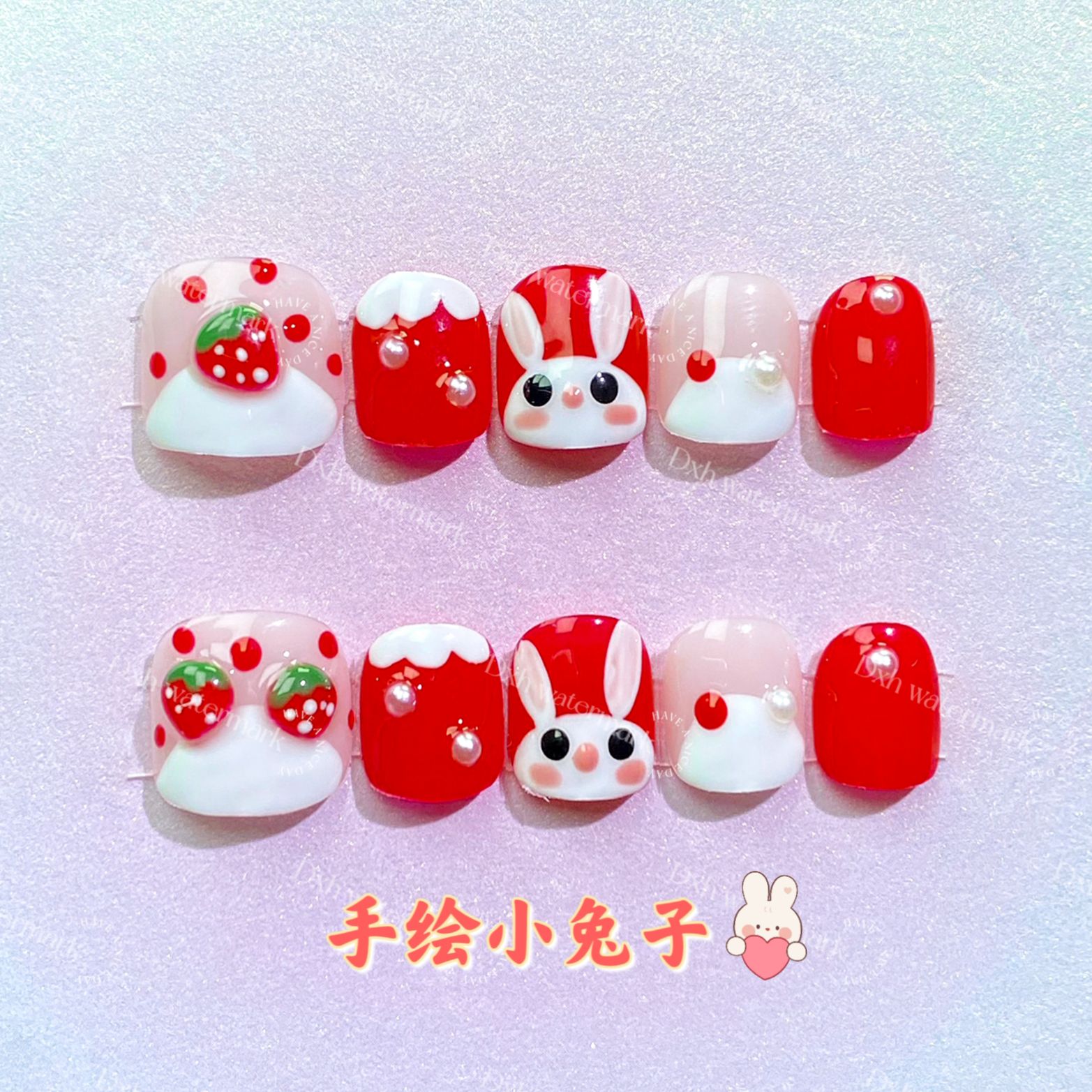 【手绘小兔子】手工穿戴甲女童红色可爱卡通美甲贴片防水指甲片