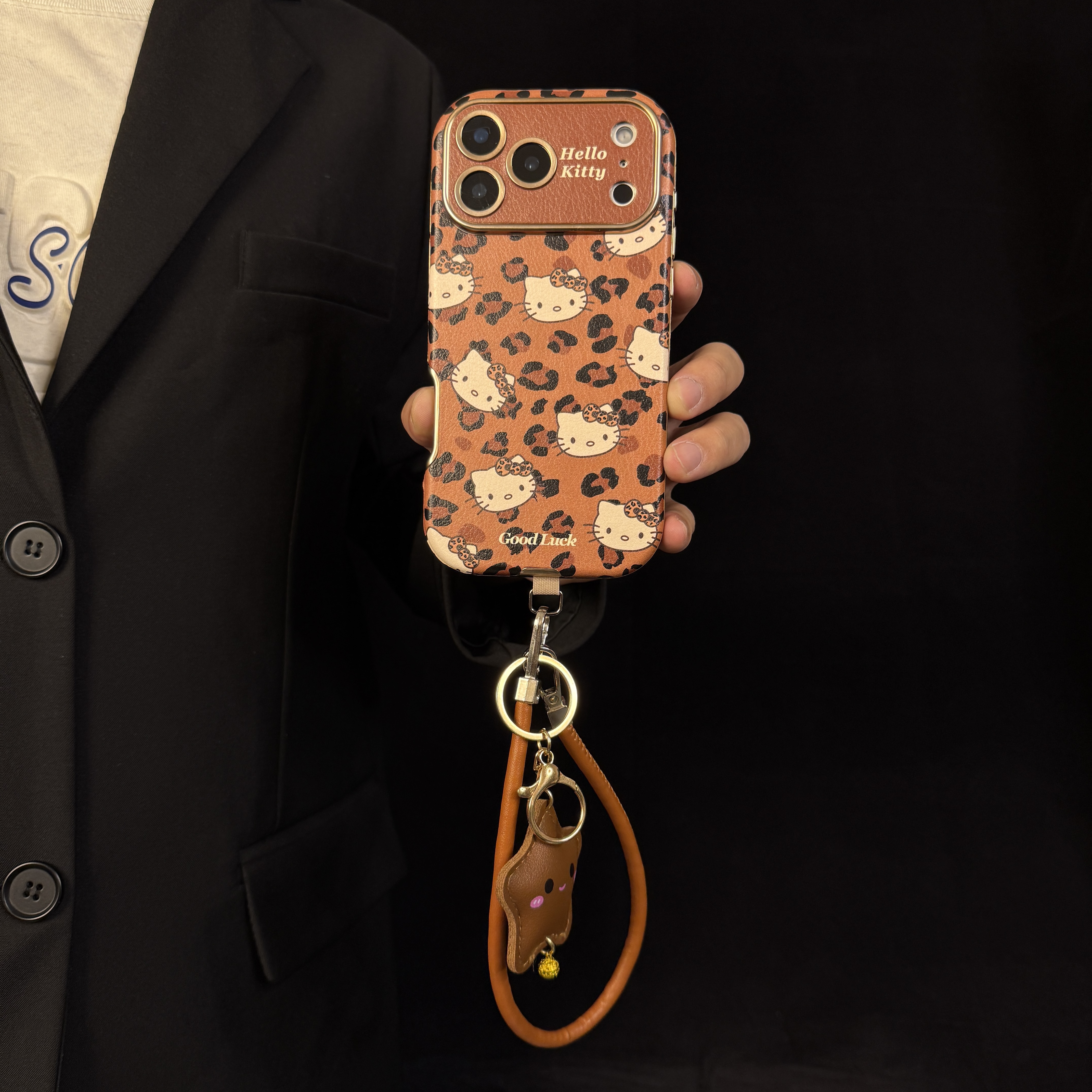 秋冬新款棕色豹纹KT猫适用苹果17promax手机壳全包iPhone16防摔15