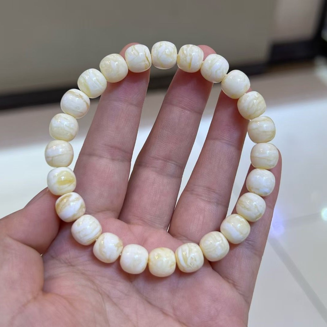 同料9mm白虎皮蜜蜡手串 俄料浓白虎皮 花纹漂亮10.25g