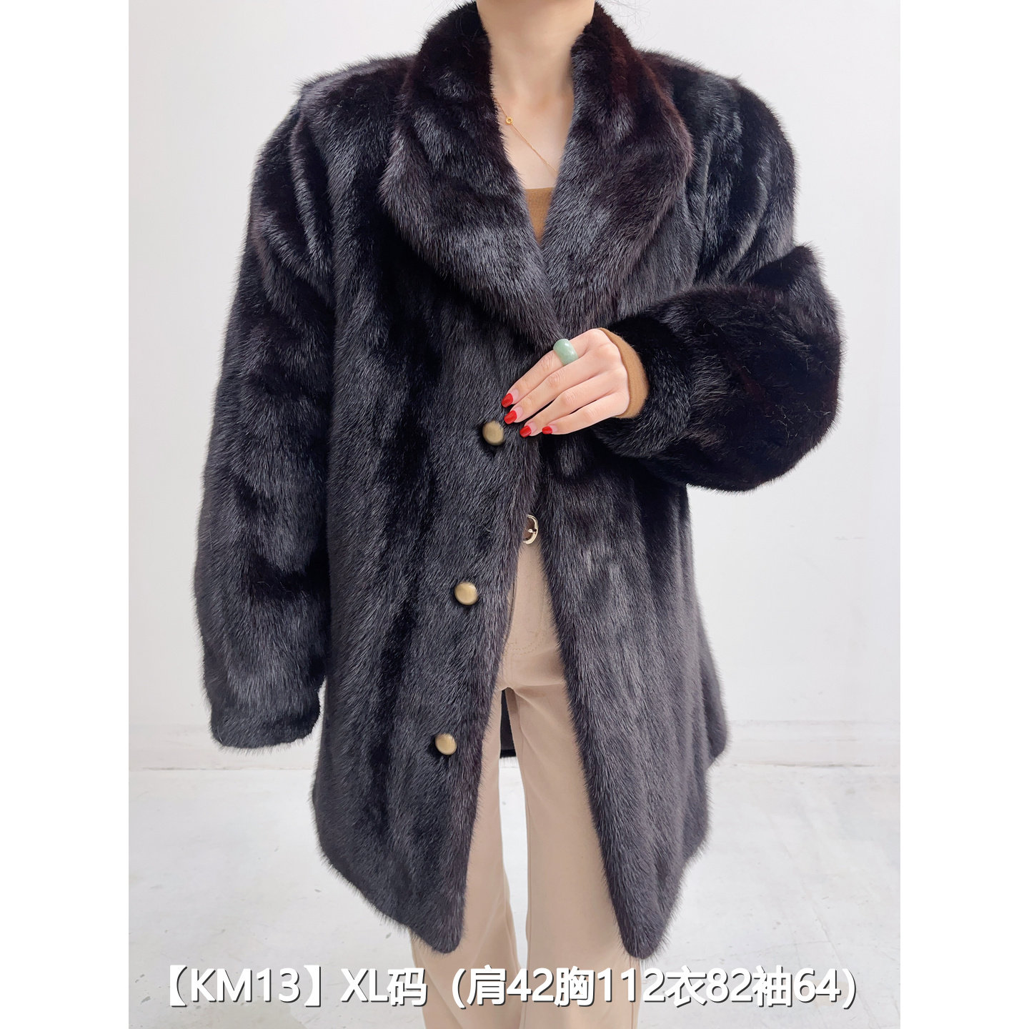 【KM13】XL 红黑色中长款全抽貂皮水貂大衣女 翻领泡泡袖 36013