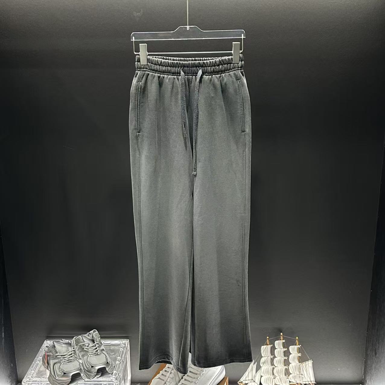直筒裤男装水洗夏季裤子设计师直筒阔腿卫裤松紧带
