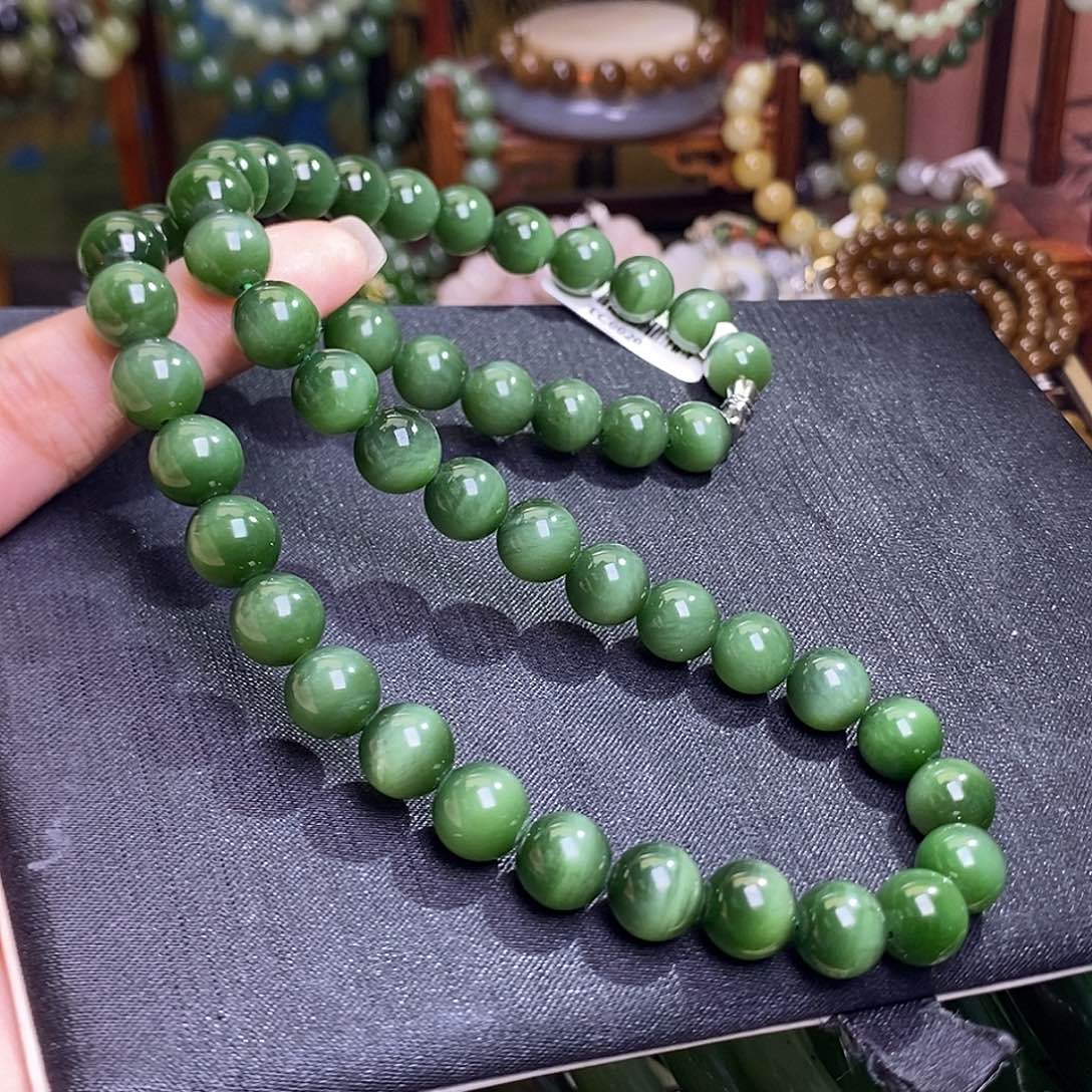 和田玉未镶嵌颈饰碧玉猫眼老矿料妈妈链10mm