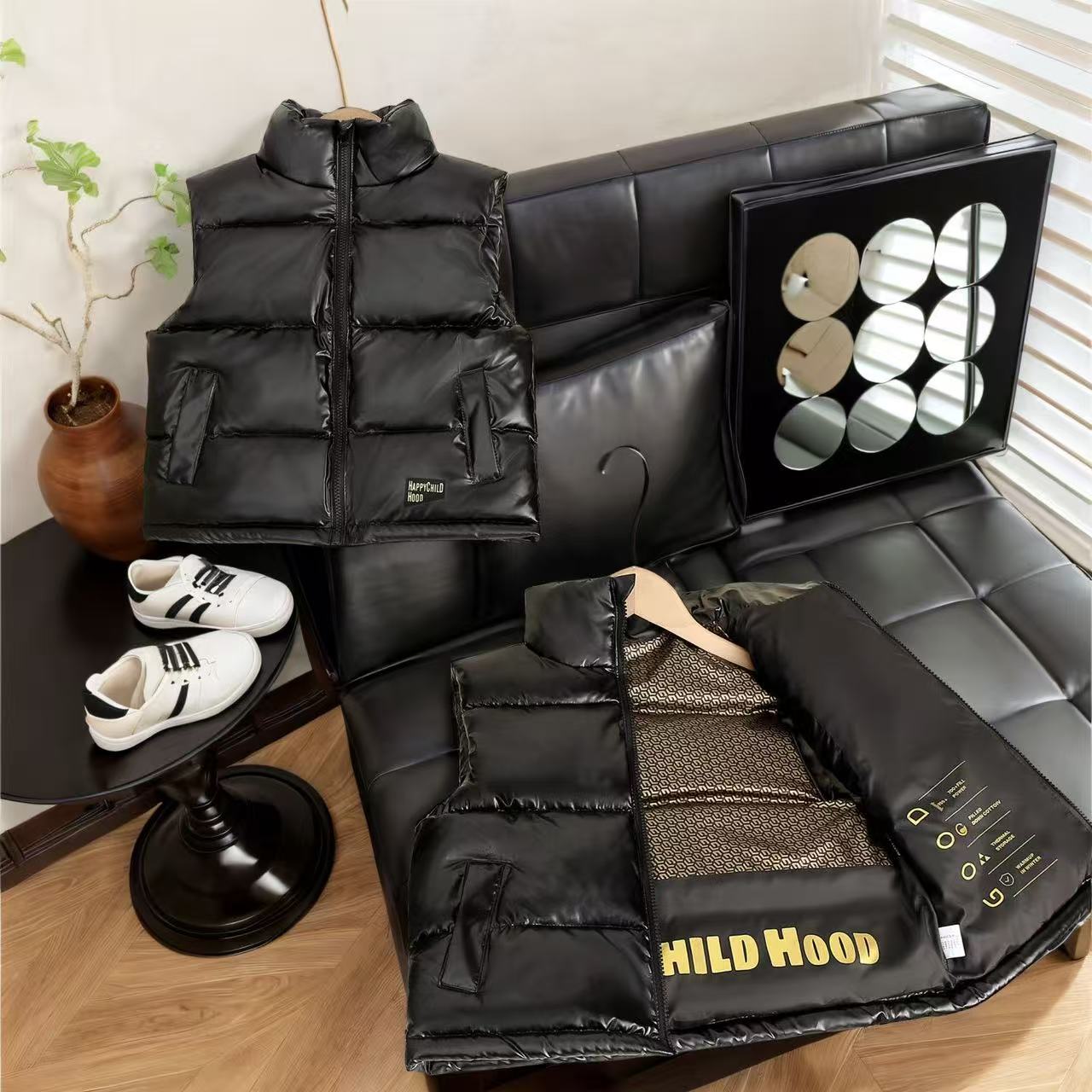 2025黑金厚款韩版休闲风纯色冬季马甲保暖黑色棉马甲