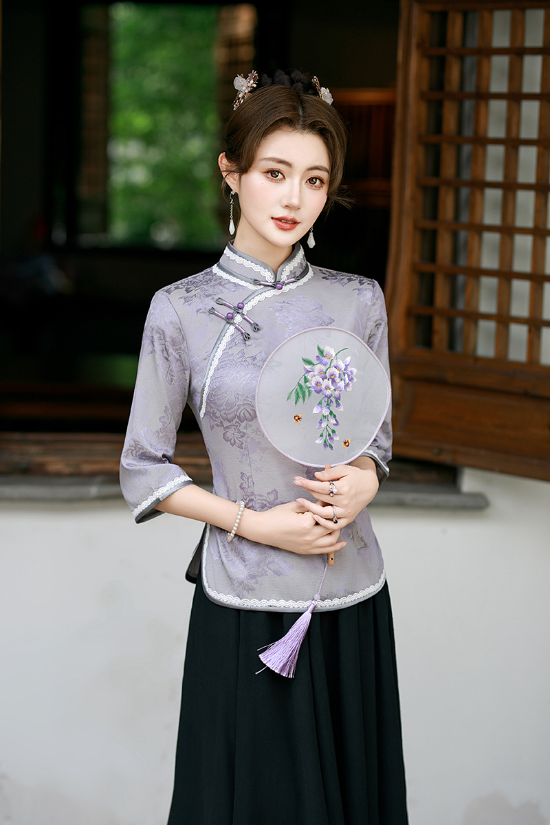 金粉世家  中国风夏季薄款提花七分袖花边立领旗袍小上衣