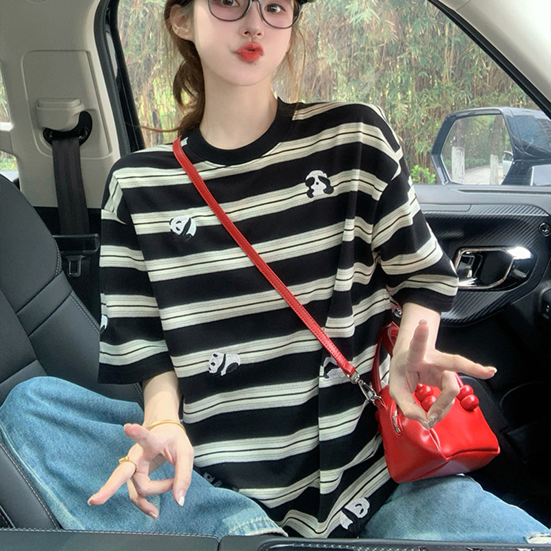 2025新款夏季黑色条纹熊猫短袖T恤女复古设计感小众宽松显瘦6586
