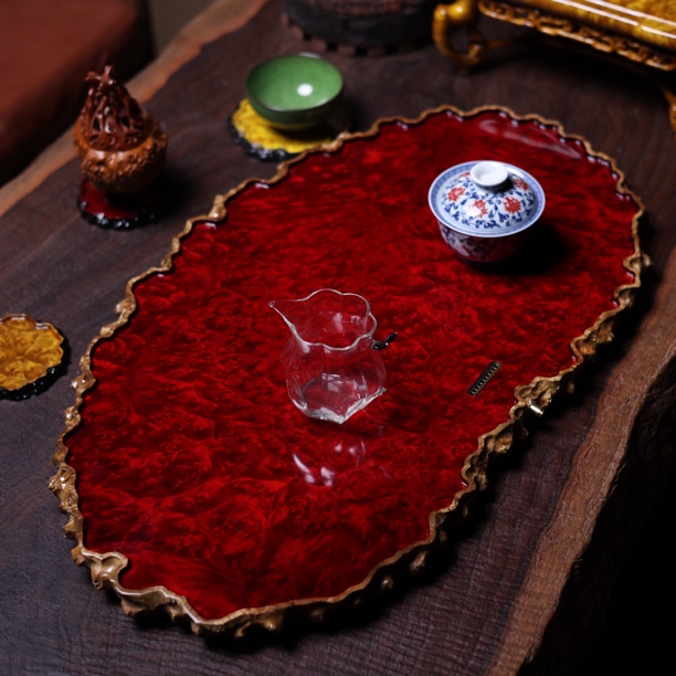 64-35-2.5 缅甸黄金樟干泡茶盘家用缅花满榴花茶具整块实木托盘