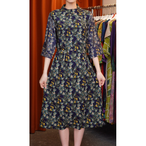 25-夏季大码裙子 藏青小菊花裙