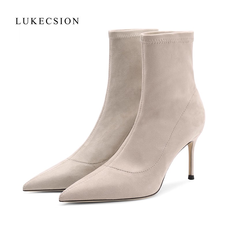 绒面裸色细跟尖头高跟短靴女2025新款冬短筒瘦瘦靴女士高跟鞋加绒