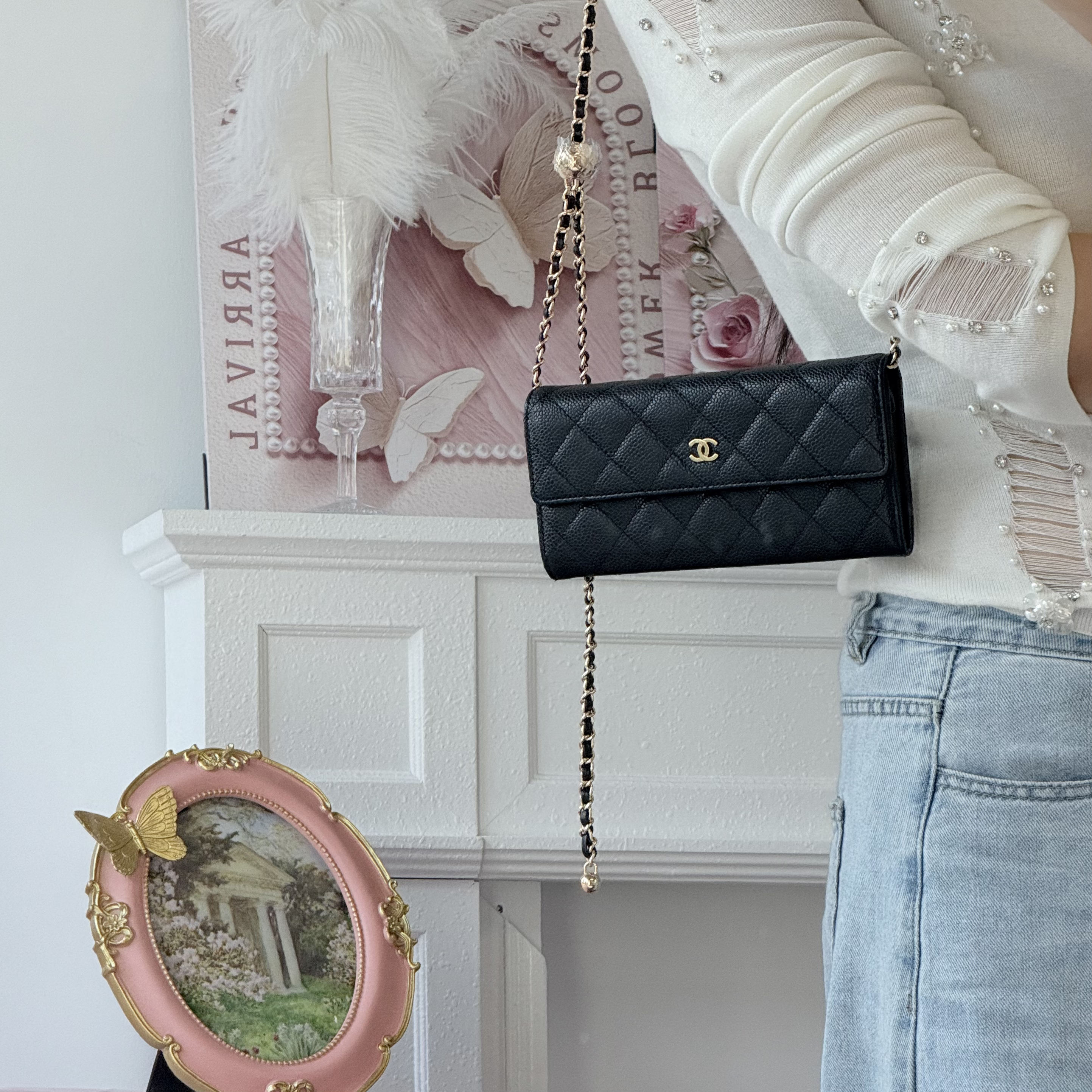 95新 Chanel/香奈儿 chanel黑金鱼子酱牛皮钱包