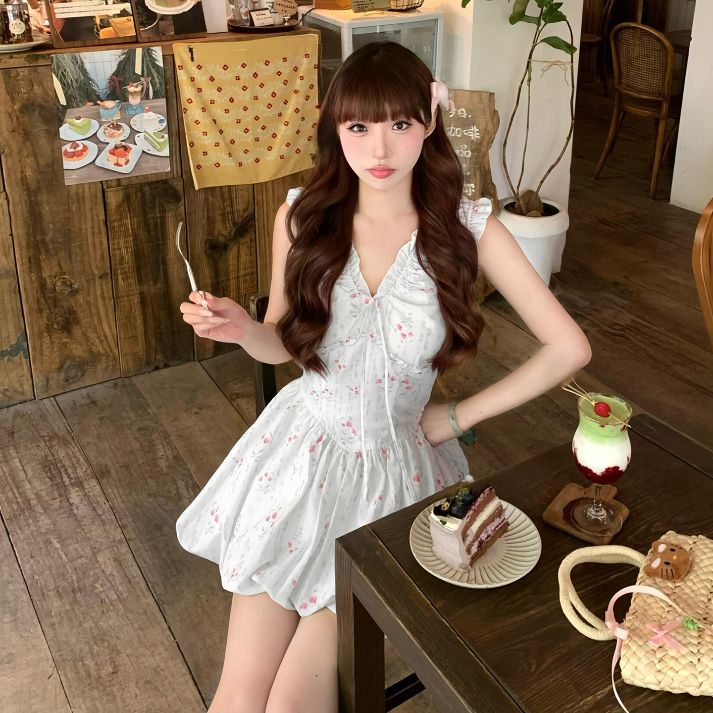 【清仓】白色v领碎花连衣裙子女夏季2025新款小个子花苞短裙4753