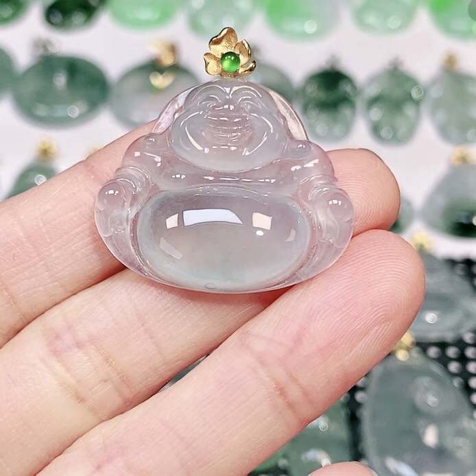 高冰种冰绿底翡翠飘花佛公吊坠 天然翡翠A货28.6-24.4-6.1mm