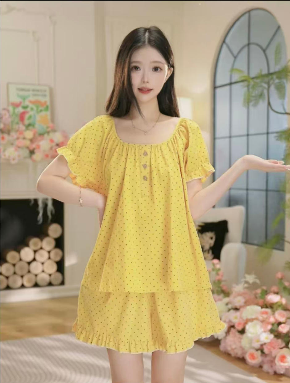 黄色波点丨夏末秋初纯棉短袖透气家居服甜美宽松显瘦时尚外穿女