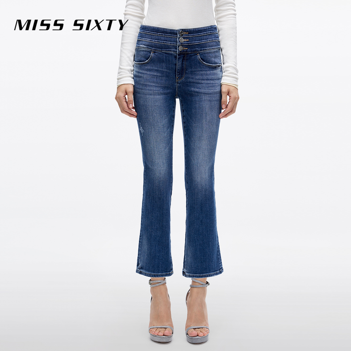 Miss Sixty2025春季新款牛仔裤女三环高腰复古微喇裤八分裤休闲