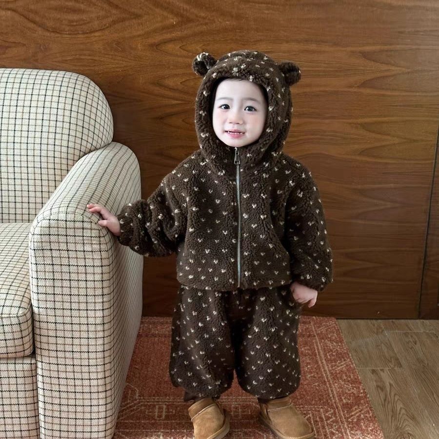 男女童加绒加厚套装冬款2025新款韩版洋气网红宝宝保暖带帽两001