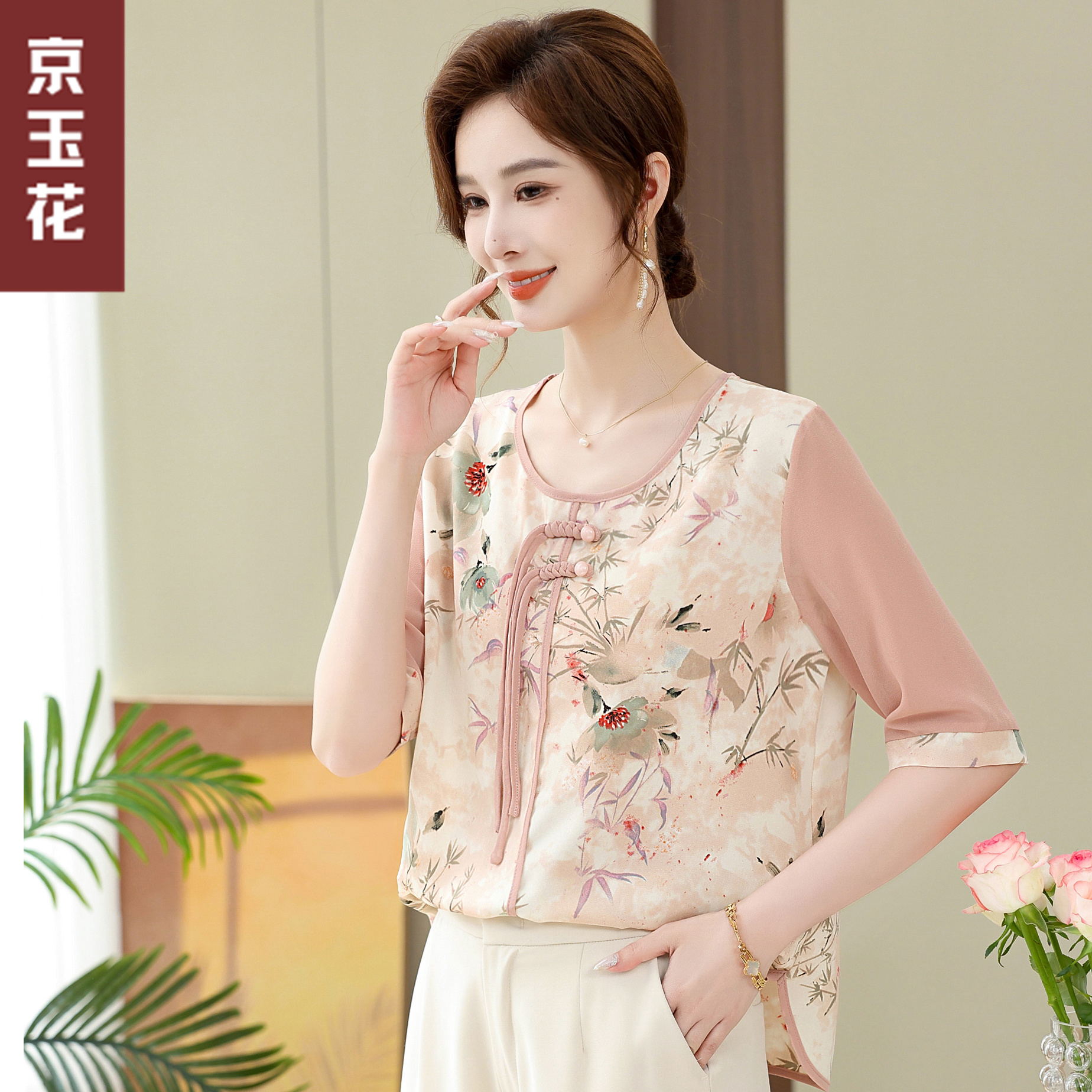 中老年妈妈夏装套装2025新款洋气小衫中老年女装时尚雪纺衫上衣