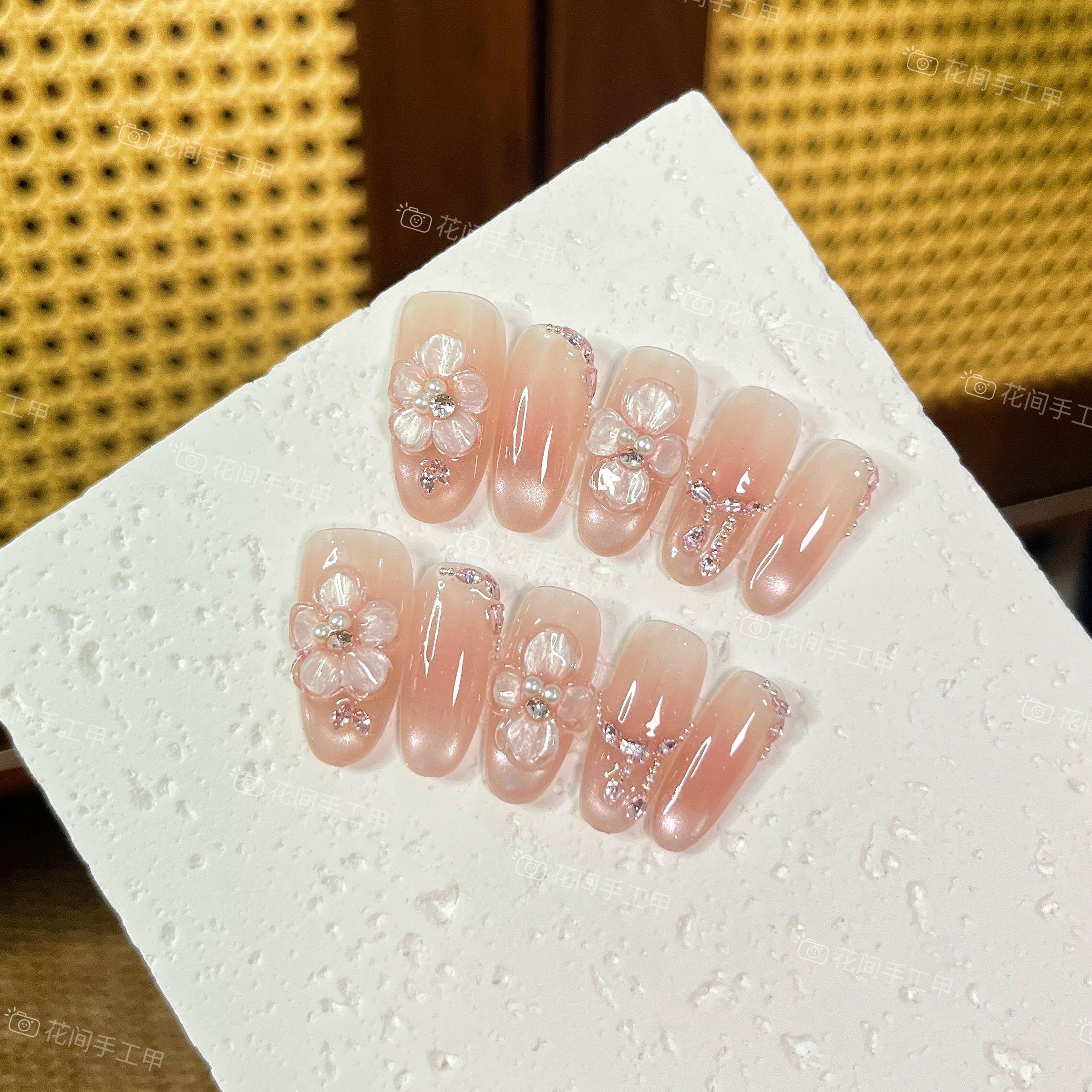 【出水芙蓉】花间 腮红猫眼双层冰花锆石手工穿戴甲10片