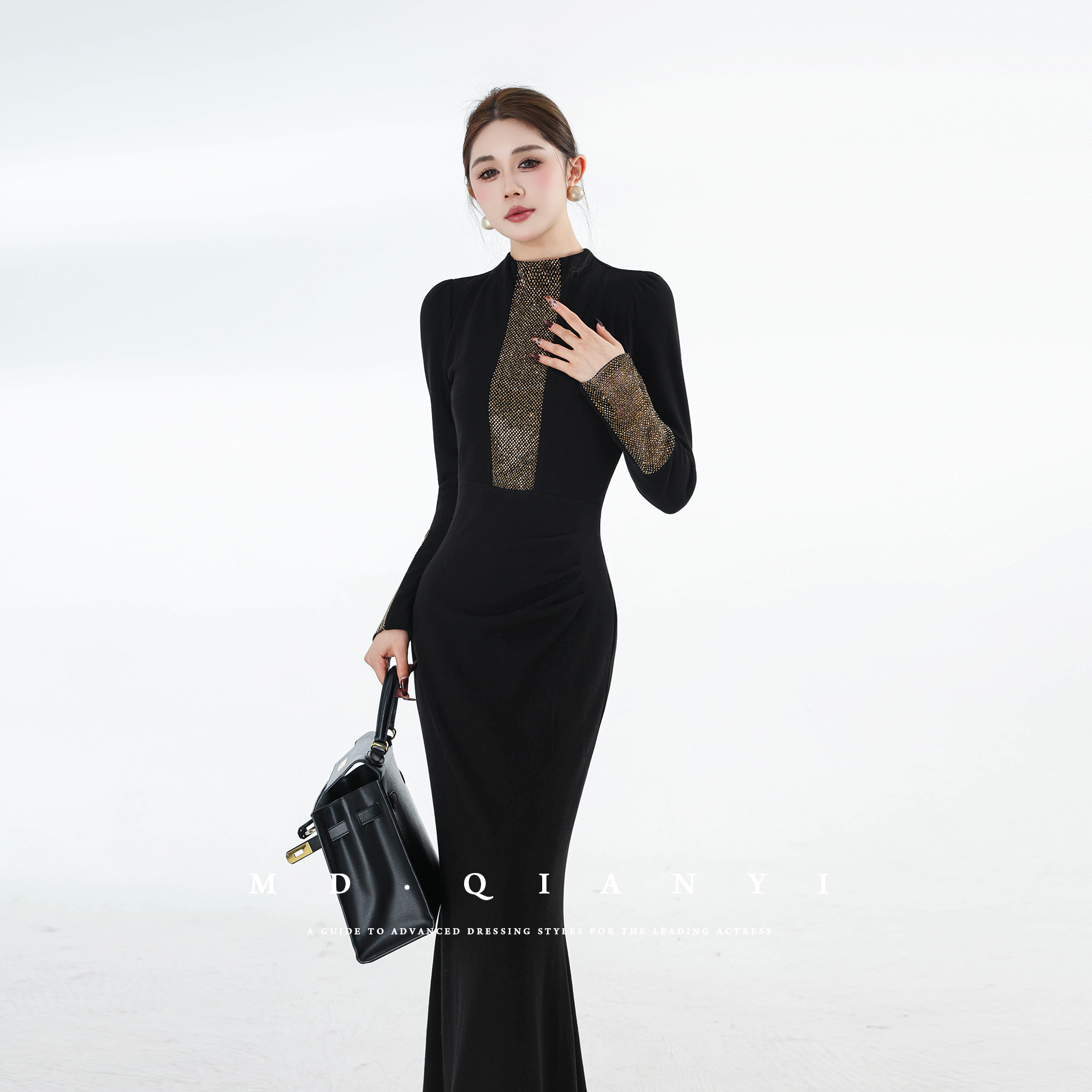 MD定制·杨千亿【洛神凌波】2025冬季修身设计感轻奢潮流长款连衣裙