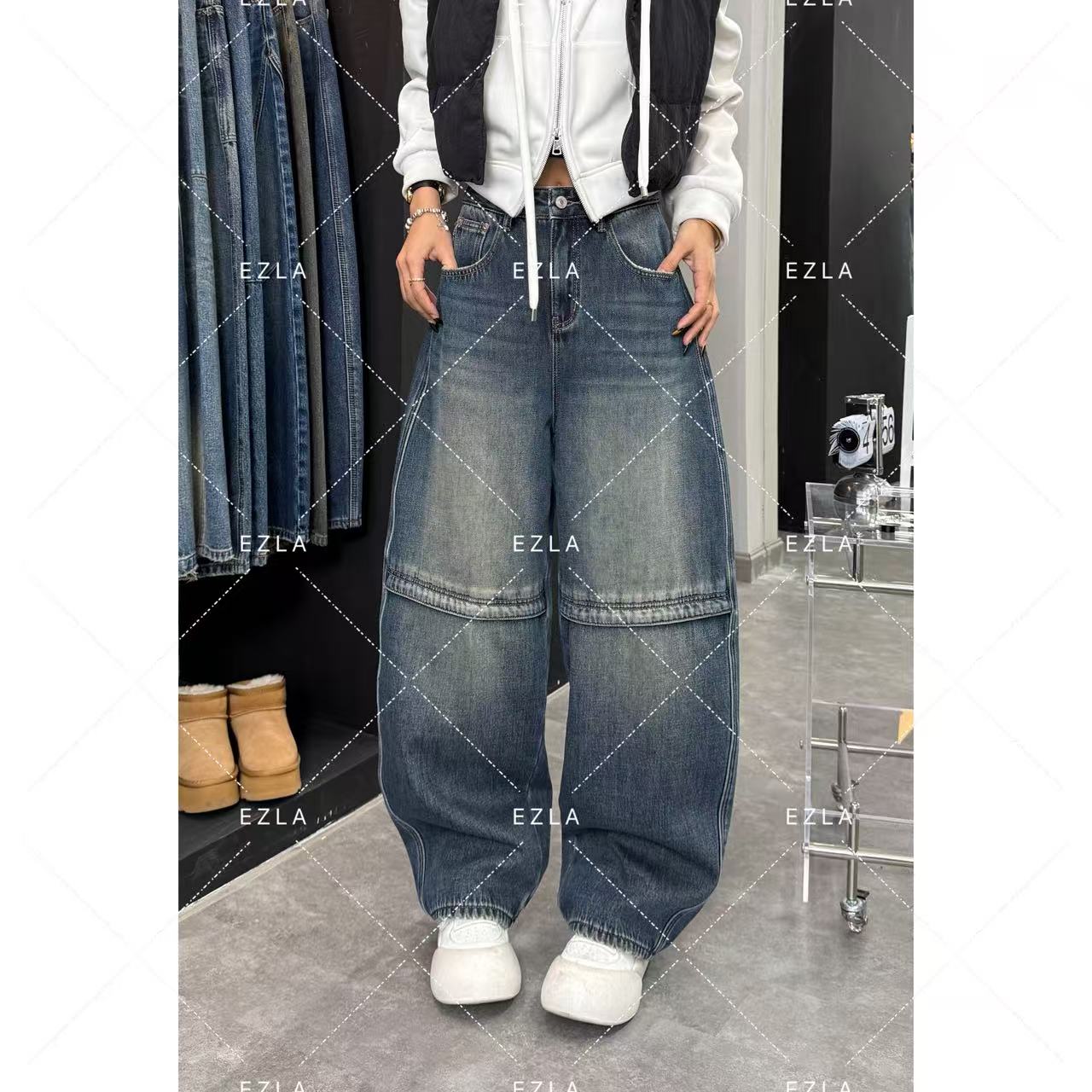 EZ8228秋冬新款加绒弯刀裤设计感潮款阔腿裤美式时髦洋气牛仔裤子