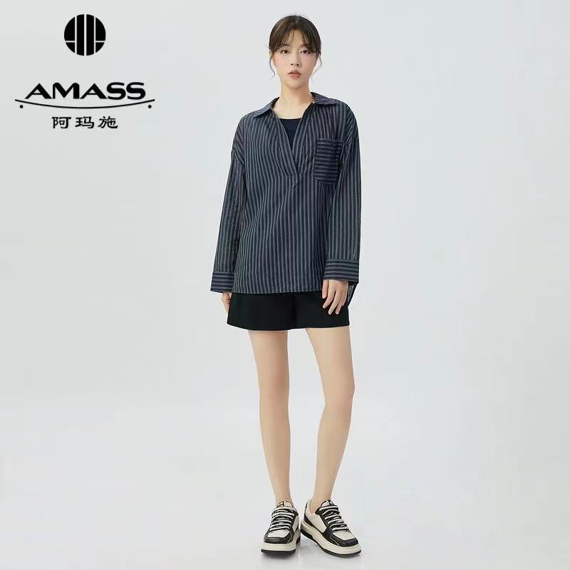 AMASS/阿玛施新款夏日苎麻套头V领时尚百搭气质宽松薄衬衫5300724