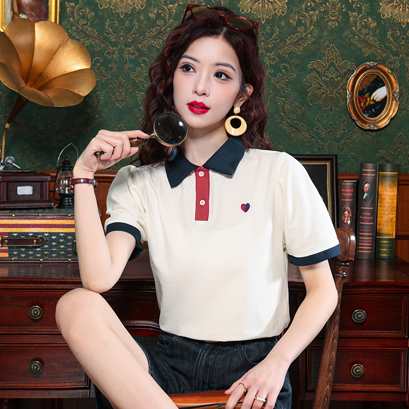 设计感polo衫撞色短袖T恤女2025夏季新款时尚宽松正肩上衣小个子