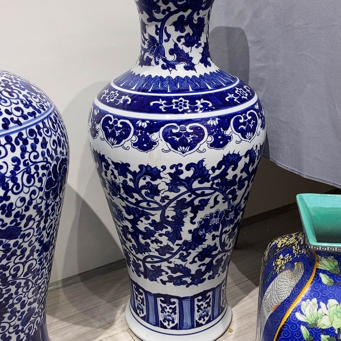 陶摆件65cm青花缠枝莲鱼尾瓶