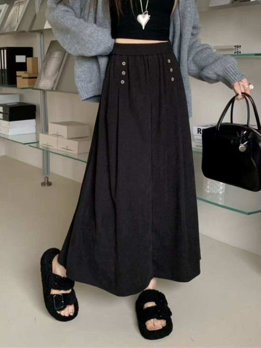 2025秋季新款设计感休闲A字裙女松紧腰高腰宽松显瘦时尚半身裙女