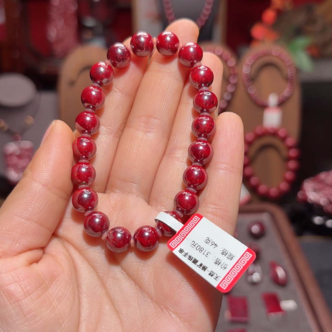 天然辰砂原矿圆珠卡8手串