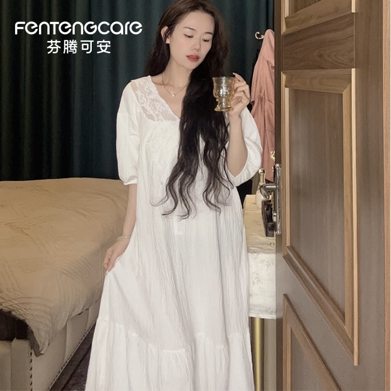 芬腾可安带胸垫公主风睡裙女夏季纯棉泡泡袖白色气质宽松温柔女士