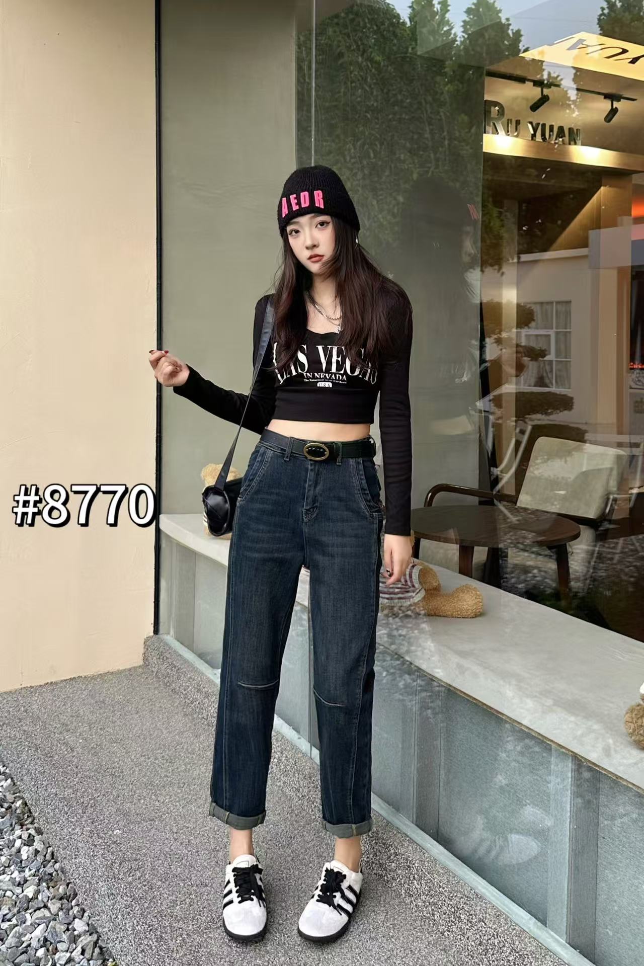 复古蓝窄版直筒裤高腰老爹裤弹力百搭牛仔裤秋季女