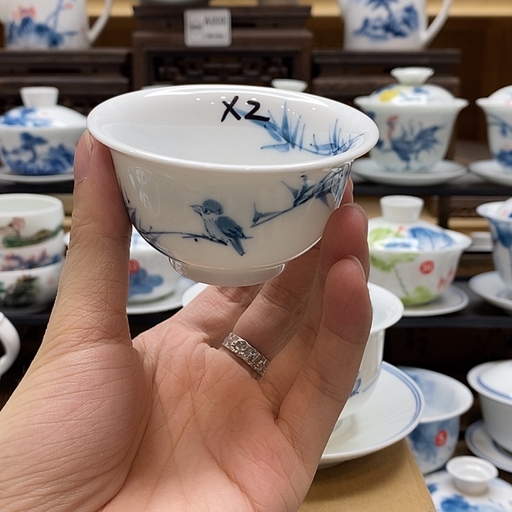 手绘竹雀图永乐杯85cc两个装釉下彩微瑕福利款