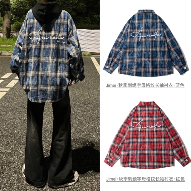 Jimei·秋季必备新款格纹长袖衬衣外套·情侣款