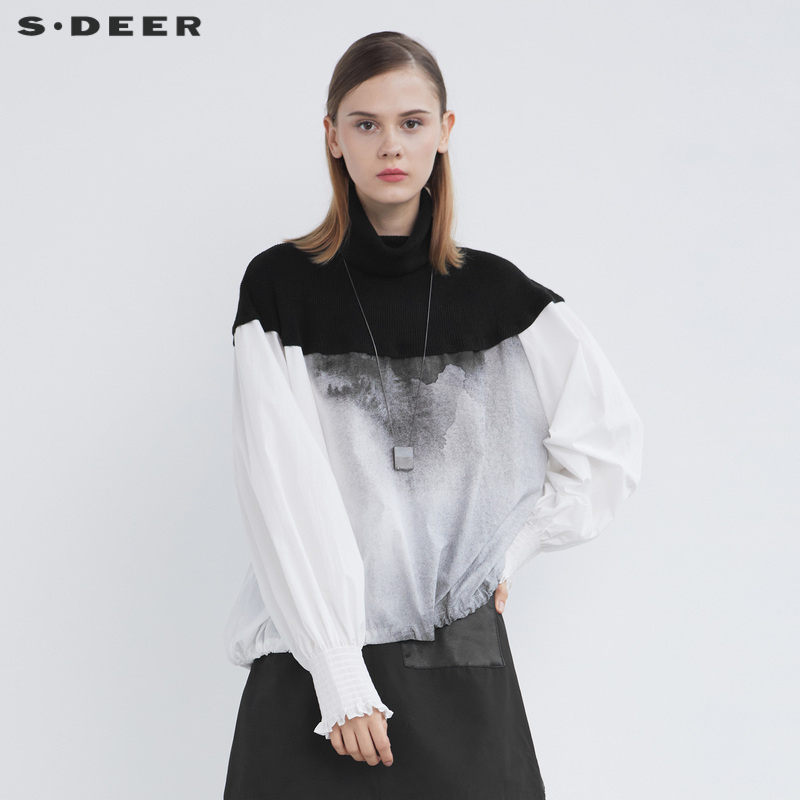 S·DEER圣迪奥女装时尚罗纹高领水墨晕染不规则长袖衬衫S21480506