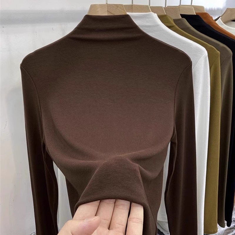 半高领正肩打底衫女秋冬T恤叠穿洋气内搭紧身中领加薄绒磨毛上衣
