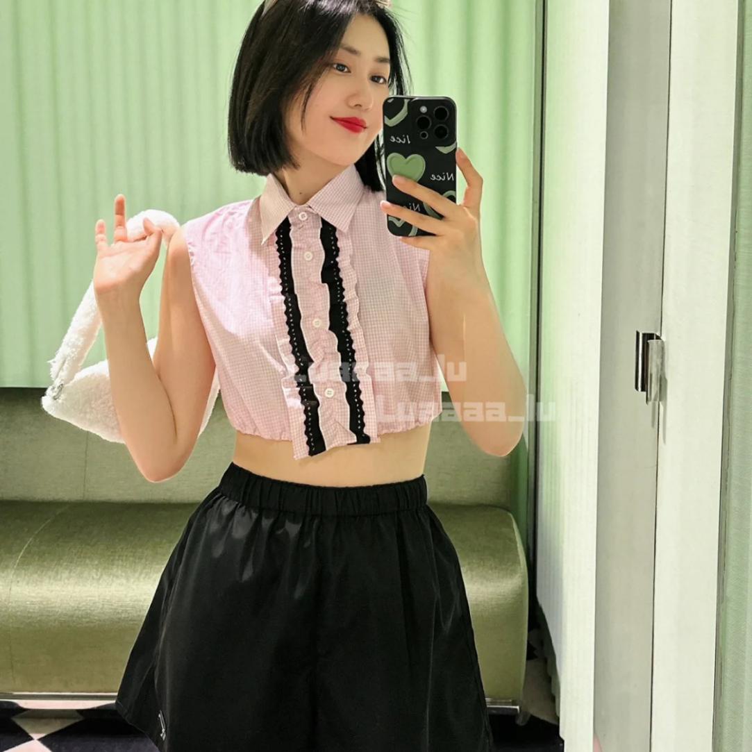 未使用 Prada/普拉达 纯色饰边学院风衬衫 短款无袖衬衫 女款